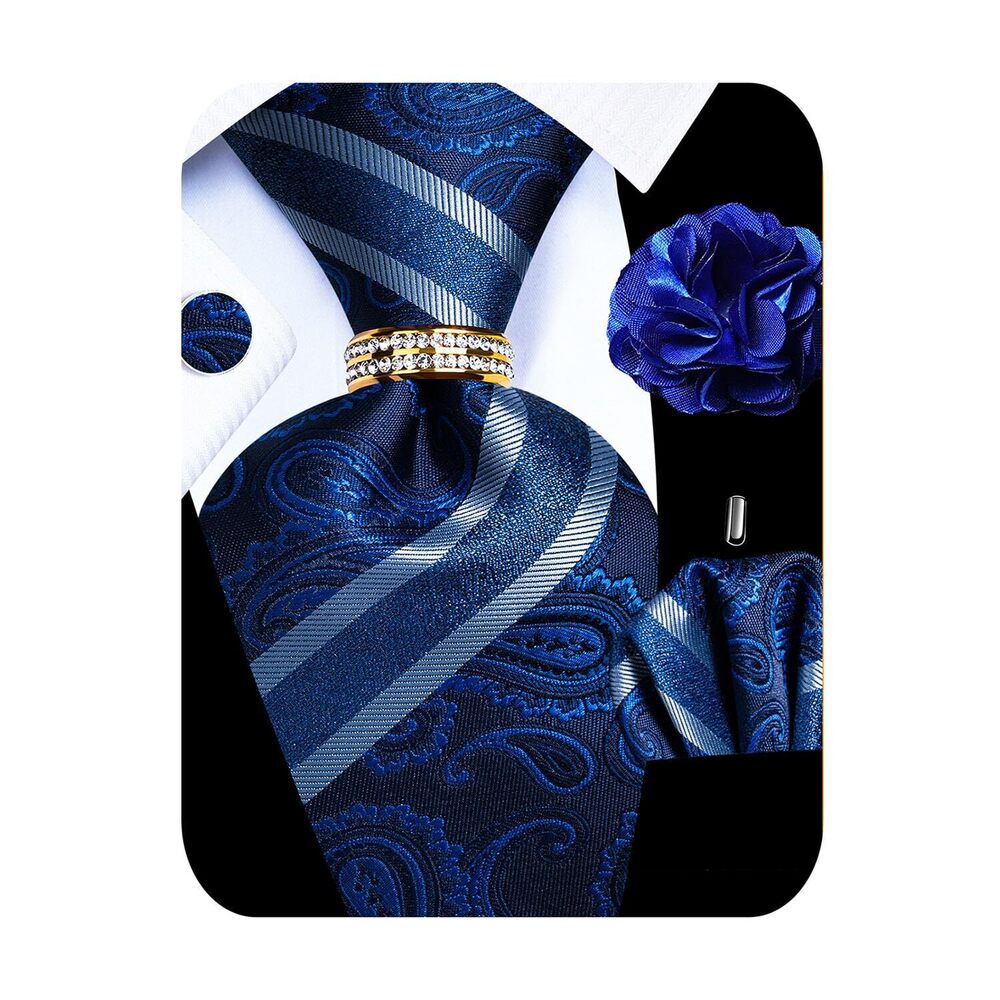 8810 5PCS Silk Blue Striped Tie, Pocket Square, Cufflinks, Drilled Tie Ring